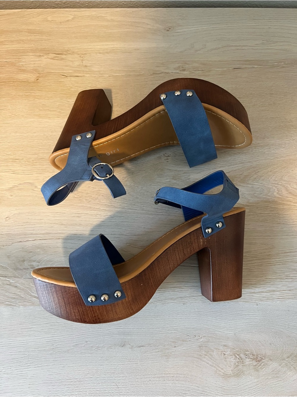 Madden Girl Blue Suede Platform Sandals with Wood-Look Block Heel